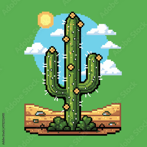 Pixel art illustration of a tall saguaro cactus with yellow flowers in a desert landscape under a sunny sky.