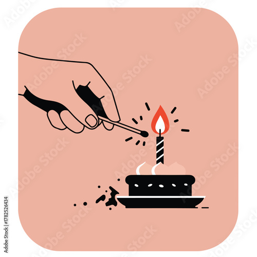 Hand lights a birthday candle on a small cake with a lit match in a rounded corner frame