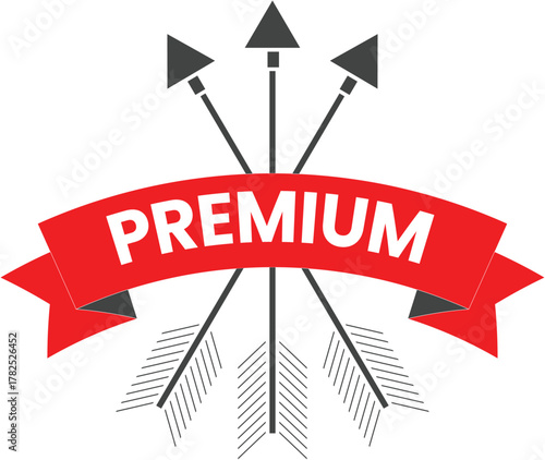 A striking premium quality badge featuring a red ribbon banner with "PREMIUM" text and three upward-pointing arrows, symbolizing excellence, top-tier status, high value, and superior quality .
