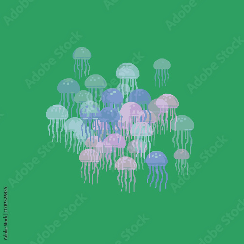A vibrant illustration of a large group of colorful jellyfish swimming together against a solid green background.