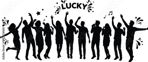 Silhouette group dancing, lucky celebration, festive crowd with raised hands, music party vibe, joyful people, star splash, energetic concert moment