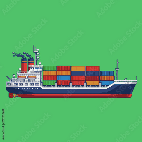 A large container cargo ship illustrated in a pixel art style against a solid green background.