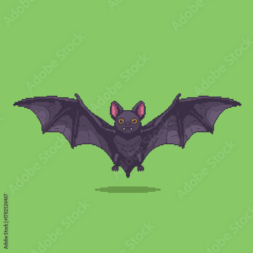 Pixel art illustration of a cute purple bat flying with its wings spread wide against a solid green background.