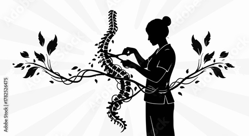 Chiropractor tending to a spine intertwined with growing plants, symbolizing natural healing.