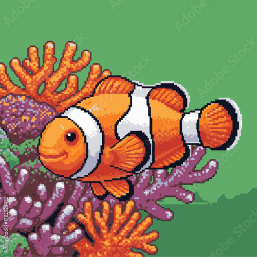 A pixel art illustration of a vibrant orange and white clownfish swimming among colorful coral reefs.
