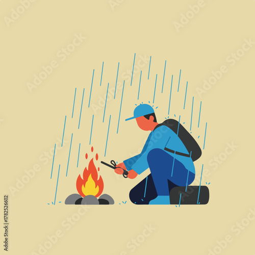 A person in blue attire and a backpack is building a fire while rain falls. A campfire burns nearby