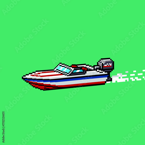 A retro pixel art speedboat in red, white, and blue, speeding along and creating a wake against a vibrant green background.