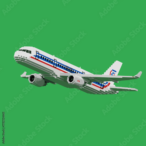 A detailed model of a passenger jet airplane constructed from toy blocks, depicted in flight against a solid green background.