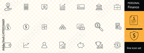 Personal Finance line icon set with editable stroke, featuring savings, income, investment, loan, budget, profit, insurance, assessment, expenses, income, deposit, salary, tax.