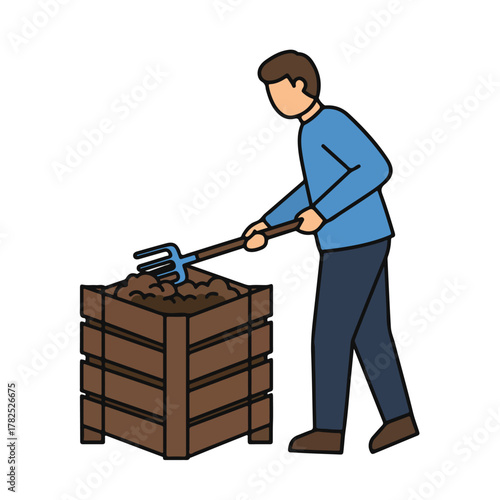 A person uses a garden fork to turn soil in a wooden compost bin, a gardening task