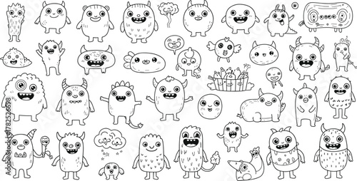 Cartoon monster vector set, cute fantasy creatures, colorful character icons, kids illustration pack, funny animals, playful design, isolated clipart collection