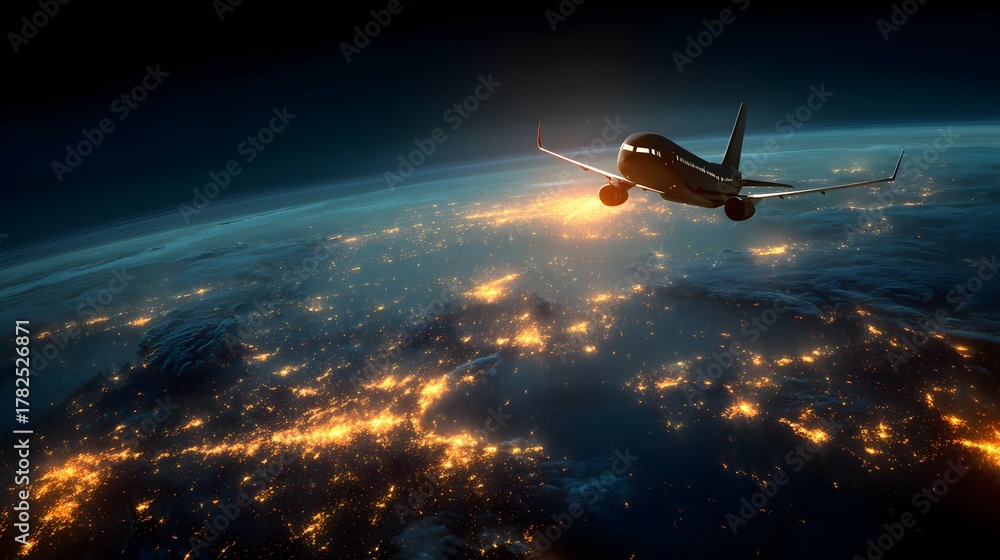 Naklejka premium Modern jet aircraft flies high above the illuminated surface of the planet at night