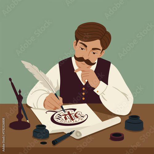 A man with a mustache, dressed in vest and writing with a quill pen on a desk. Ink and paper
