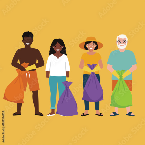 Illustration of four people, of diverse ages and races, holding trash bags, ready for cleanup