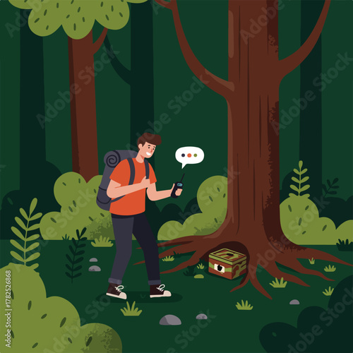 A backpacker uses a device in a forest to find a hidden treasure chest. Nature, trees, and exploration