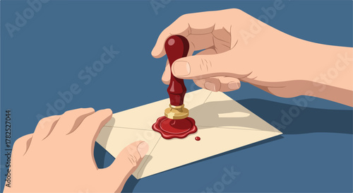 Sealing a letter with red wax and a hand stamp