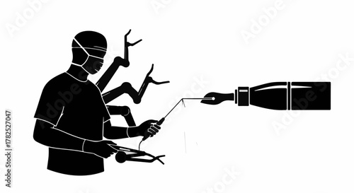 Surgeon performs intricate procedure with robotic arm assistance in sterile environment.