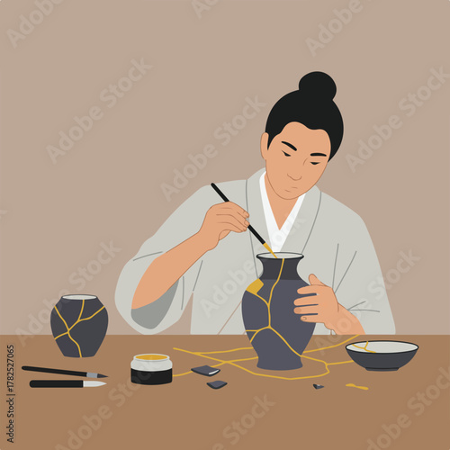 An individual in traditional attire meticulously repairs a broken ceramic vase using gold, a symbol of resilience