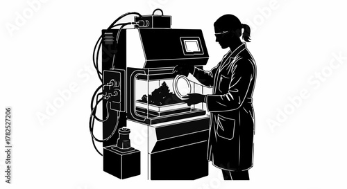 Scientist in protective gear working with equipment in a laboratory setting.