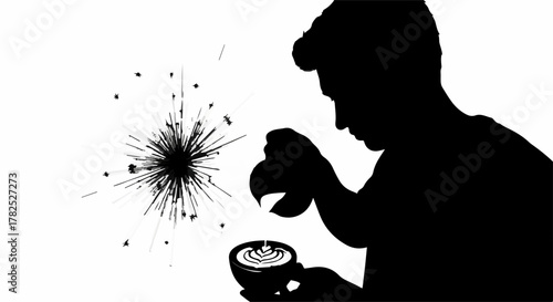 Barista artistically creates latte art with a flourish, pouring liquid into a coffee cup.