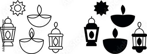 Diwali festival vector set featuring diya oil lamps lanterns and star decoration for cultural celebration