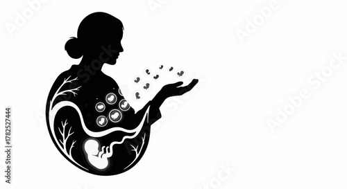 Silhouette of a woman with a baby and cells inside, releasing butterflies into the air.