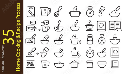 35 Home Cooking and Recipe Process Line Icons Set