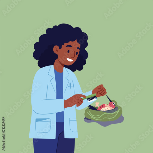 An illustrated veterinarian tending to a hummingbird in a nest, using a small brush