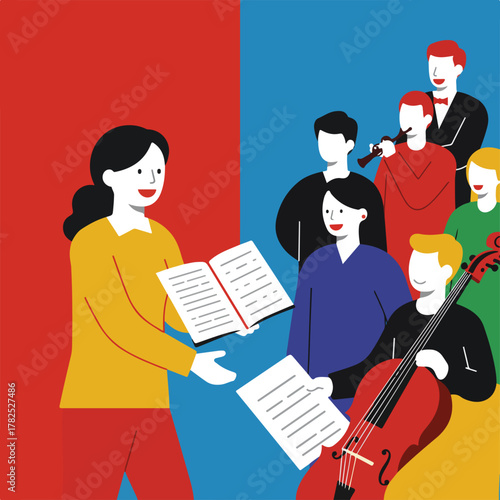 A vector illustration depicts a musical ensemble with a conductor, a flutist, and other musicians