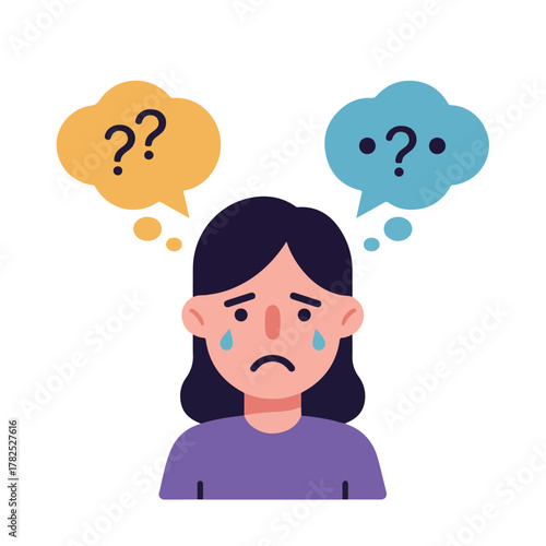 Illustration depicts a sad woman with thought bubbles featuring question marks. Represents confusion and sorrow