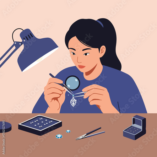 An artist carefully inspects jewelry under a lamp with a magnifying glass. Tools and gems on the table