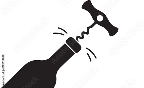Black silhouette of a corkscrew opening a wine bottle simple vector illustration isolated on white background