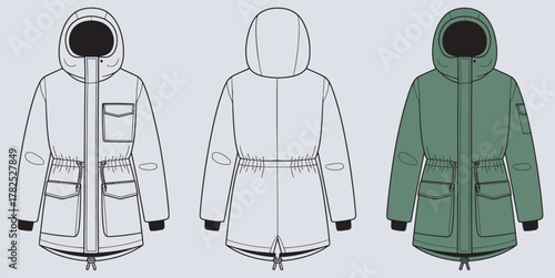 Technical Fashion Illustration Front, Back, and Side Views of a Winter Parka