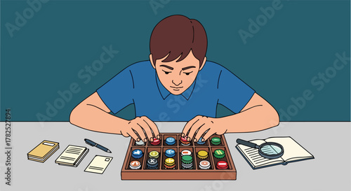 Person analyzing a board game with bottle caps