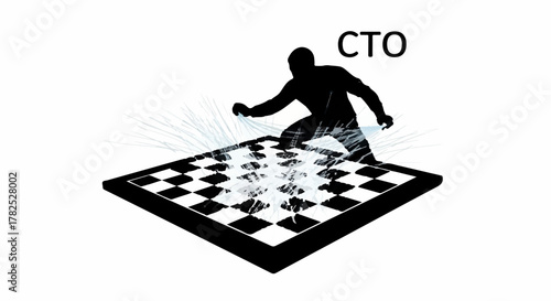 Silhouette of a CTO strategizing on a shattered chessboard, representing leadership challenges and decision-making.