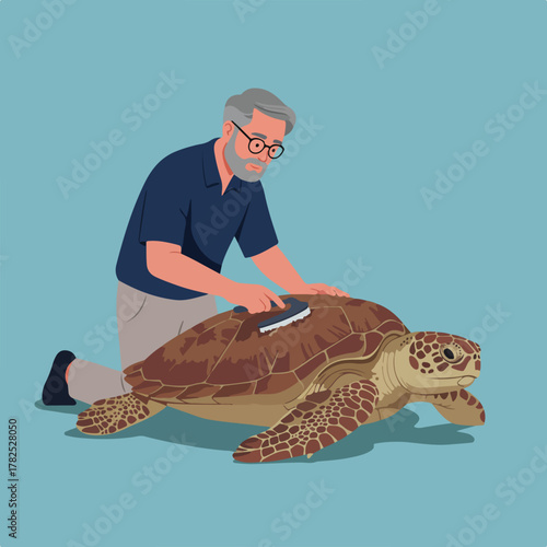 An illustration shows an older man brushing a large sea turtle on a blue background