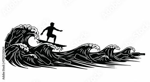 Surfer riding a wave made of plastic bottles, illustrating environmental pollution