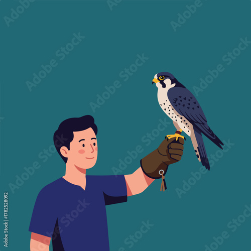 An illustration of a man holding a falcon on his gloved hand. The bird sits perched looking ahead