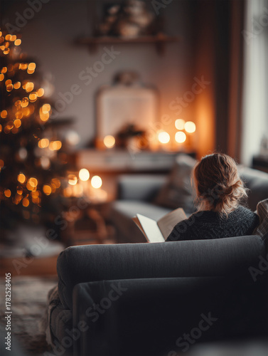 Scandinavian living room with a woman reading a card near a glowing Christmas tree and warm candlelight