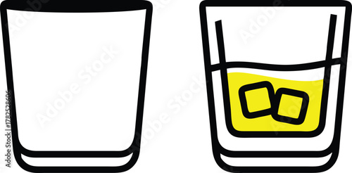 Two glasses side by side one empty and one filled with yellow liquid and ice cubes