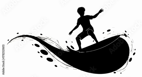Silhouette of a surfer riding a stylized wave, embodying freedom and adventure