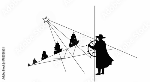 Navigator steers ship towards guiding star using perspective lines