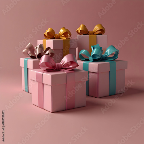 3d rendering illustration of gift boxes with bows on a pink background