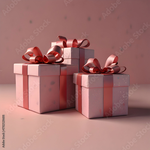 3d rendering illustration of gift boxes with bows on a pink background