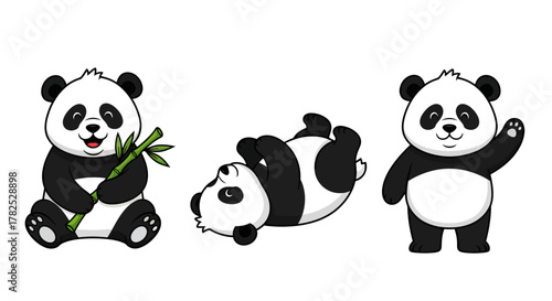 Charming trio of panda bear illustrations showcasing playful poses and bamboo indulgence