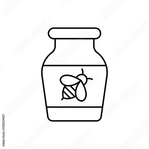 A honey jar illustration with a bee on the label depicted in black and white