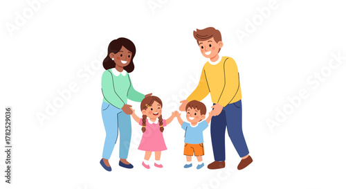 Cheerful family illustration showing a mother, father, daughter, and son bonding together