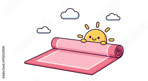 Cheerful sun peeking over a rolled pink rug under fluffy cartoon clouds scene