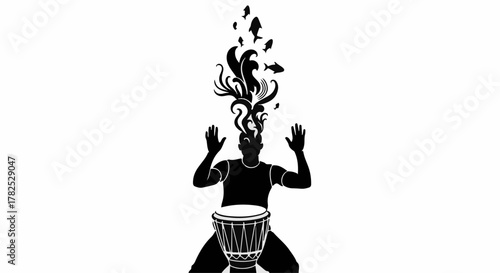 Creative explosion of ideas and inspiration erupting from a person playing a drum.