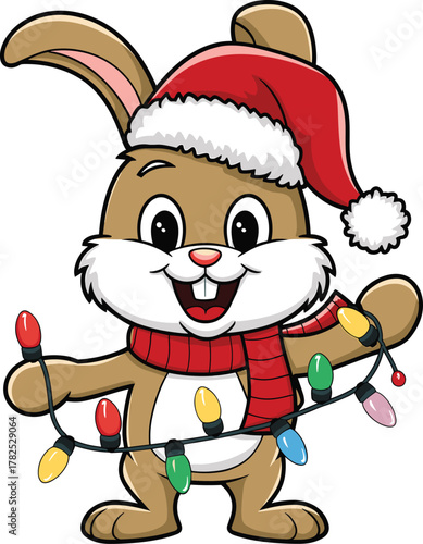 A festive cartoon bunny wearing a red Santa hat and scarf, holding a string of colorful Christmas lights.